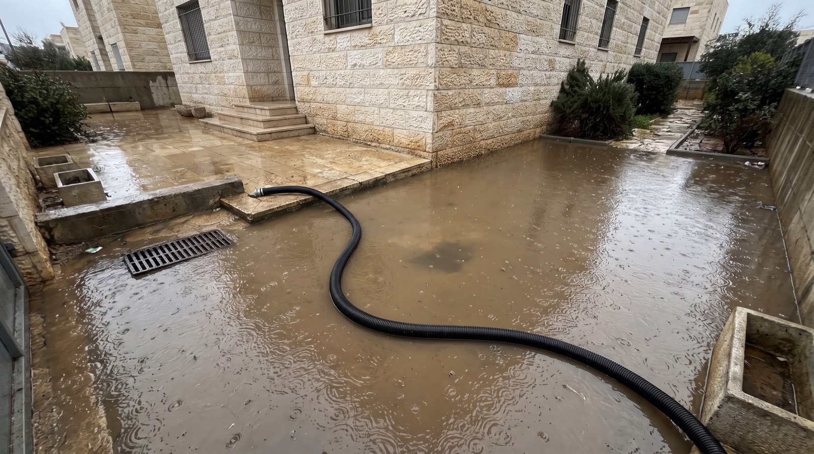 חצר מוצפת במים עומדים וצינור שאיבה ששואב אותם