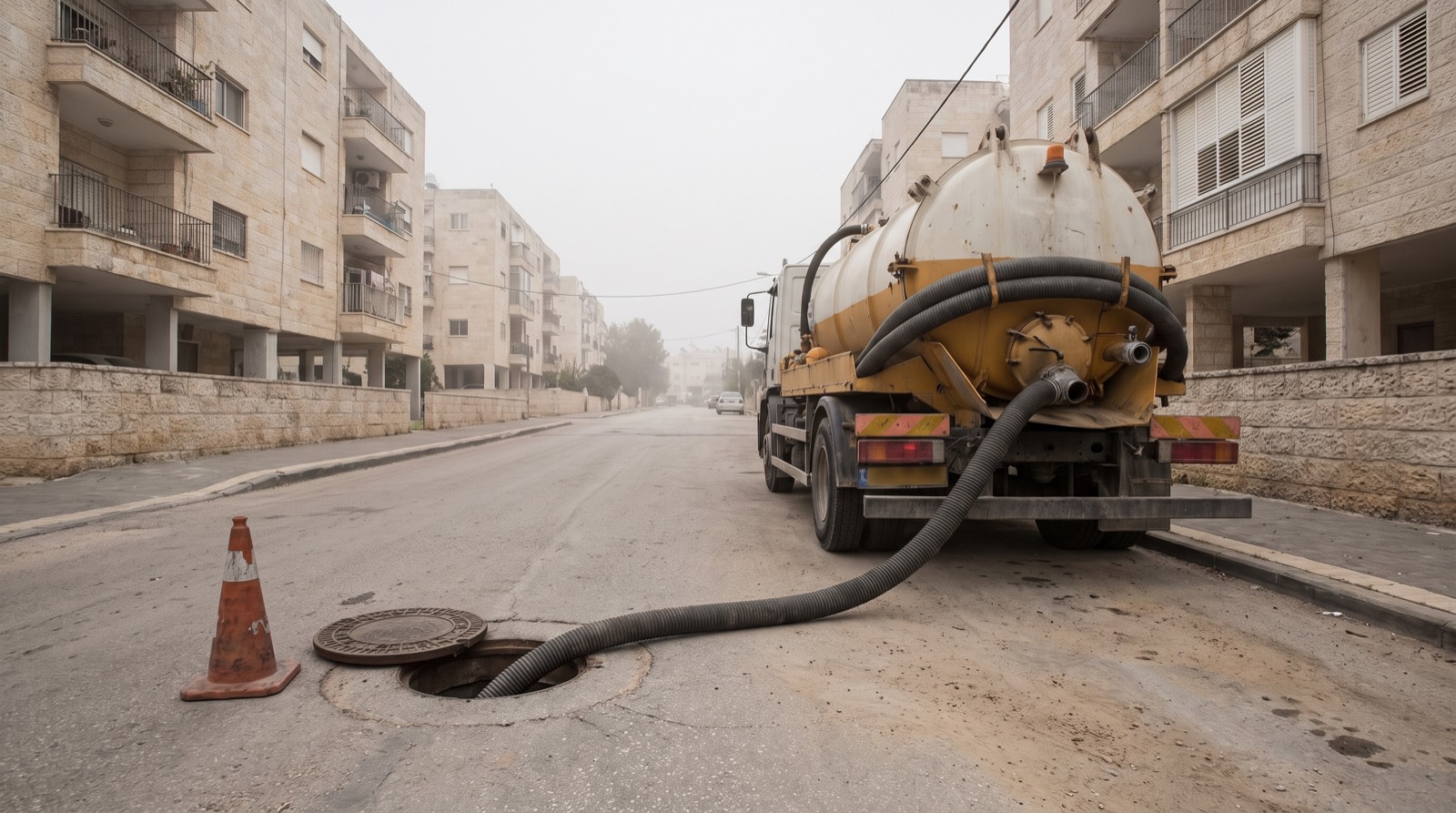 ביובית עומדת ברחוב מגורים וצינור שאיבה מוכנס לשוחה פתוחה