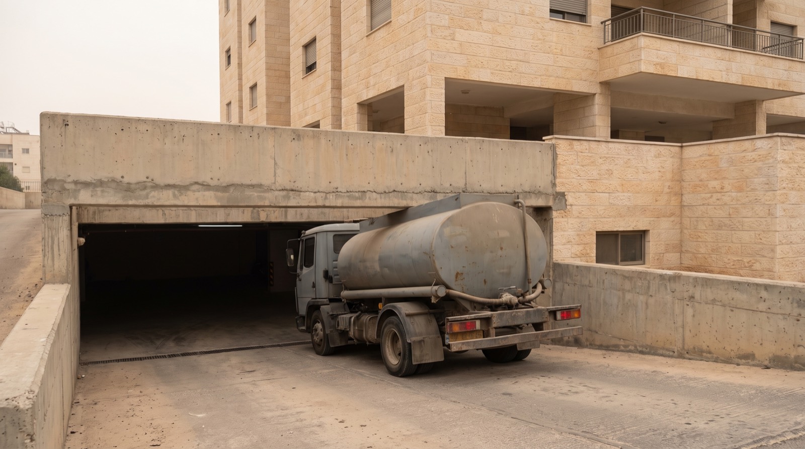 ביובית נמוכה נכנסת מתחת לקורת כניסה נמוכה של חניון