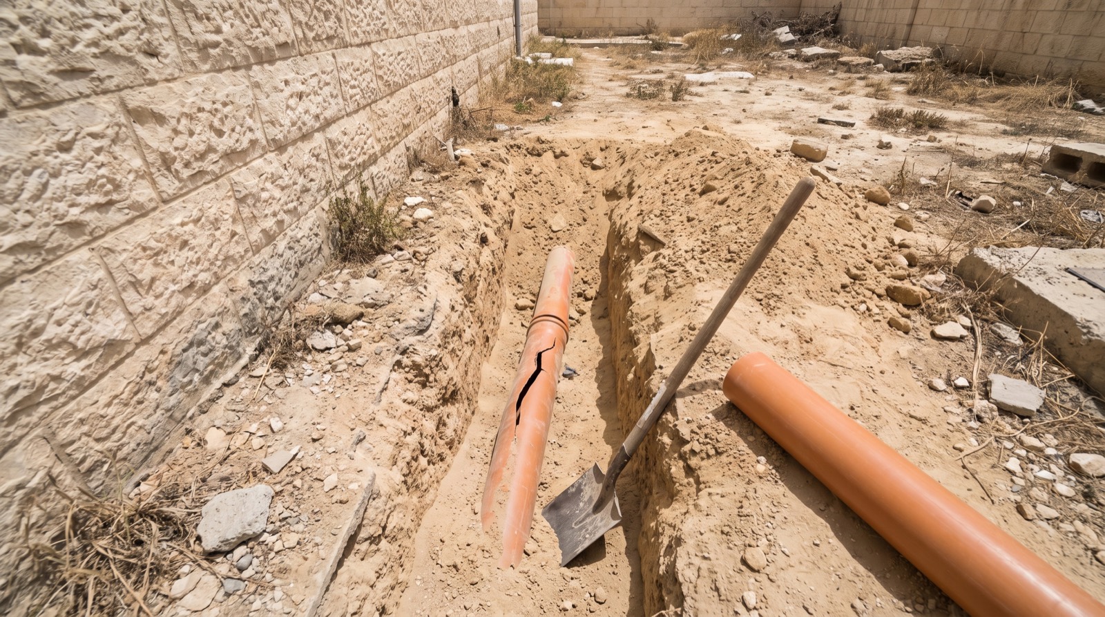 חפירה שחושפת צינור ביוב סדוק לצד קטע צינור חדש להחלפה